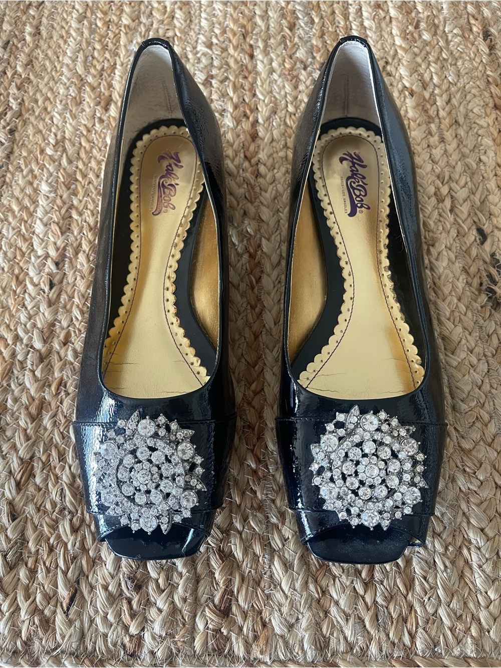 Hale Bob Peep Toe Black Flats Stella Womens Size 9 rhinestones Business Shoes